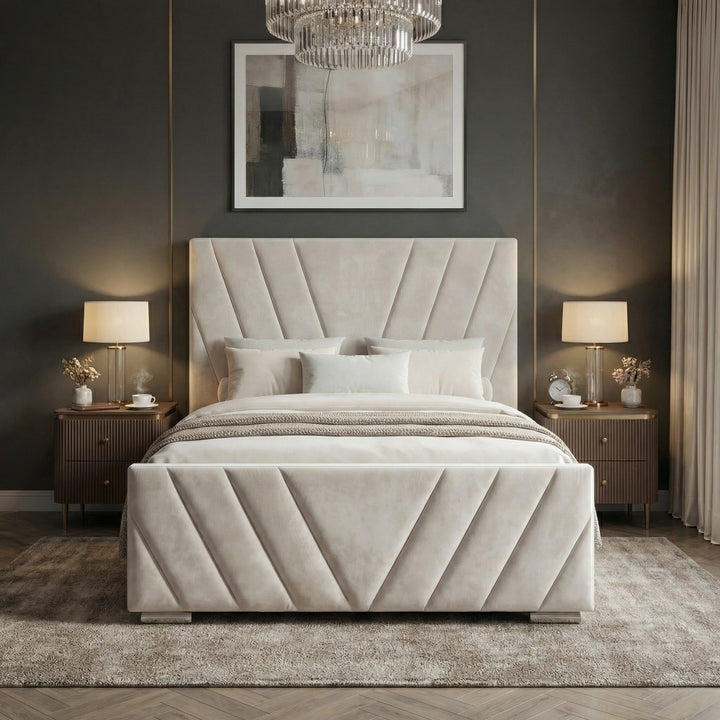 [King | Beige] Symmetrical view showing tall V-pattern headboard with white bedding and matching lamps on both sides