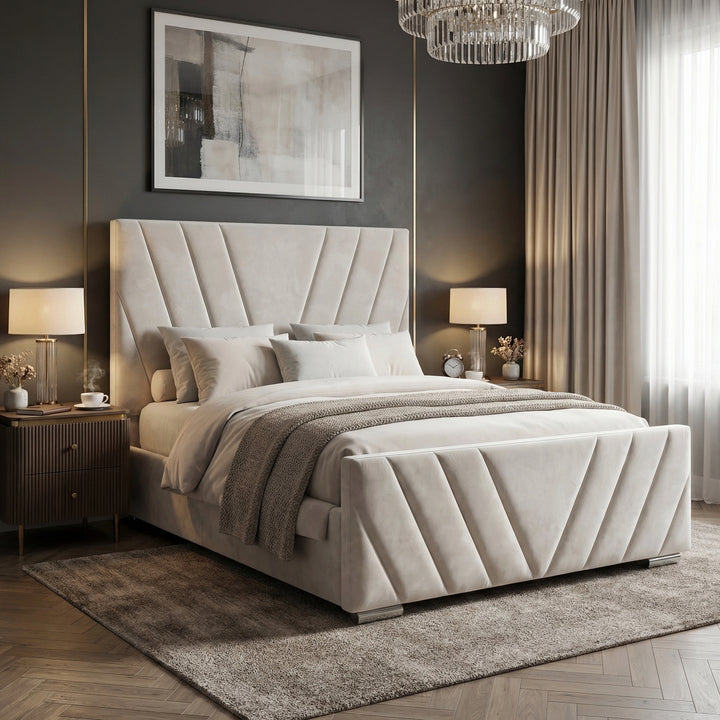 [King | Beige] Diagonal-stitched velvet ottoman bed from the side with white bedding and throw in styled bedroom