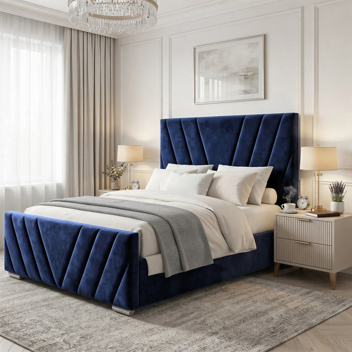 [King | Blue] Velvet bed frame from wider angle with diagonal channel stitching and styled bedding arrangement