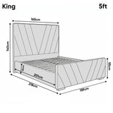 [King | Blue] Dimensions diagram showing 165cm width and 218cm length with 140cm headboard height