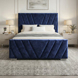 [King | Blue] Ottoman bed from the front with diagonal channel stitching on headboard and footboard with chrome feet