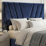 [King | Blue] channel-stitched navy velvet headboard on king ottoman bed with grey folded throw across lower bedding