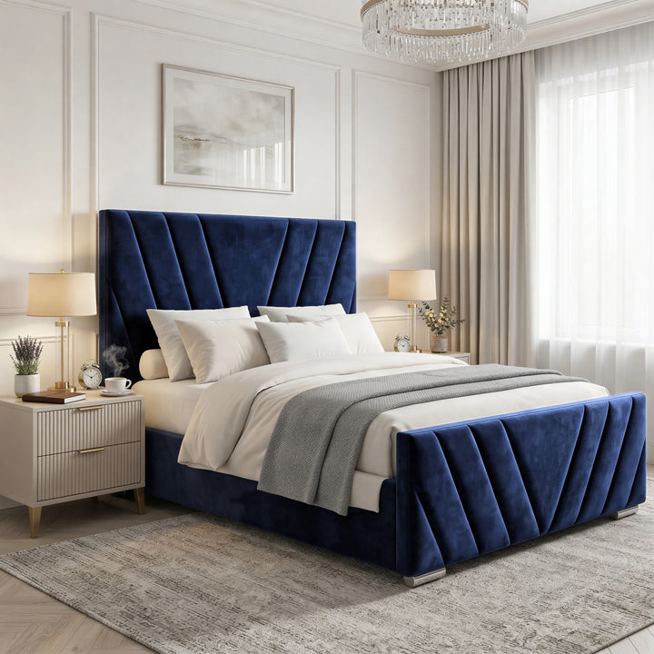 [King | Blue] Side angle of velvet ottoman bed with V-shaped chevron channel stitching on tall headboard and footboard