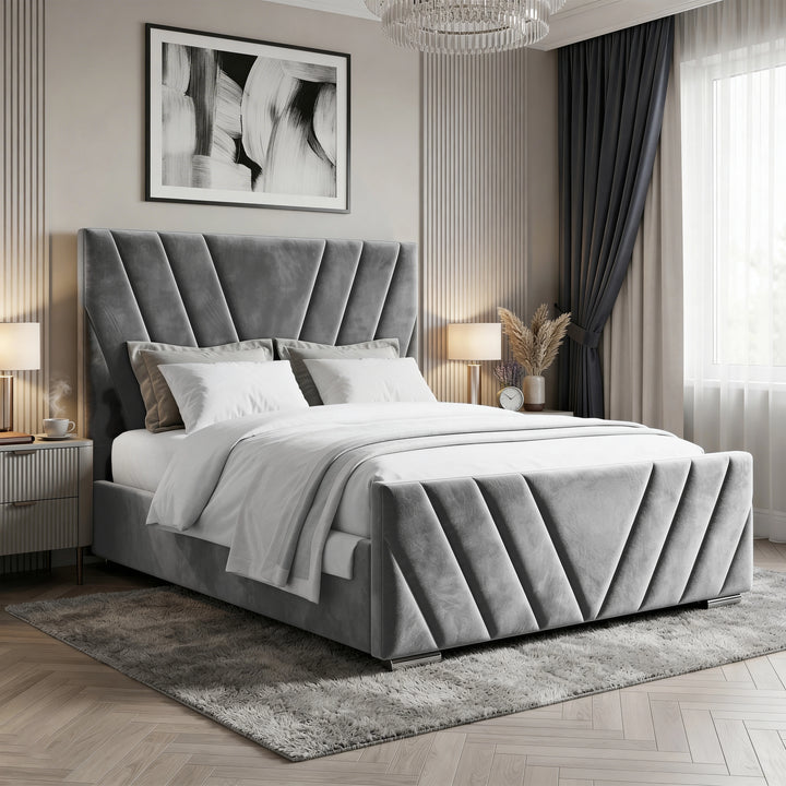 [King | Dark Grey] Diagonal-stitched velvet ottoman bed from the side with white bedding and throw in styled bedroom
