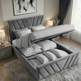 [King | Dark Grey] Gas-lift mechanism raising mattress platform showing full-length under-bed storage in velvet frame