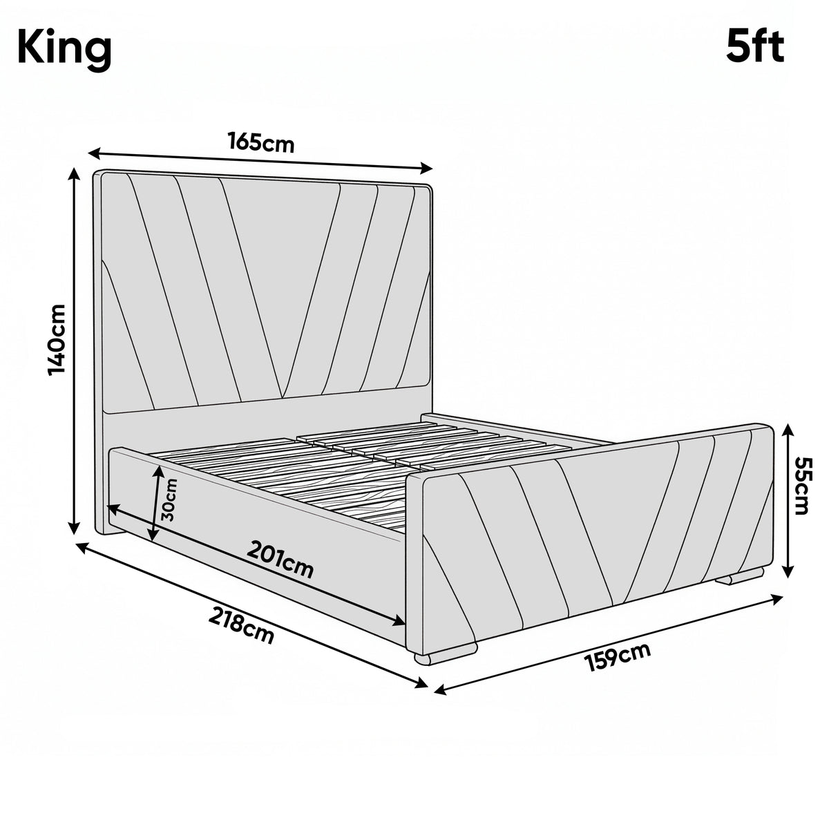 [King | Grey] Dimensions diagram showing 165cm width and 218cm length with 140cm headboard height