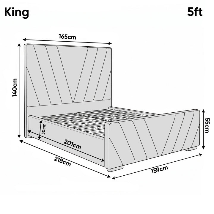 [King | Grey] Dimensions diagram showing 165cm width and 218cm length with 140cm headboard height