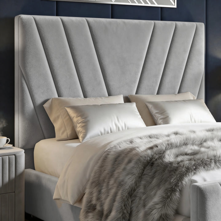 [King | Grey] Vellure ottoman bed grey velvet headboard close-up showing diagonal channel stitching radiating upward