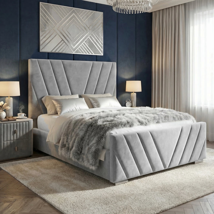 [King | Grey] Side angle of velvet ottoman bed with V-shaped chevron channel stitching on tall headboard and footboard