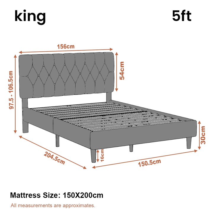 [King | Beige] Velvet Chesterfield bed 5ft king dimensions diagram showing width, length and height