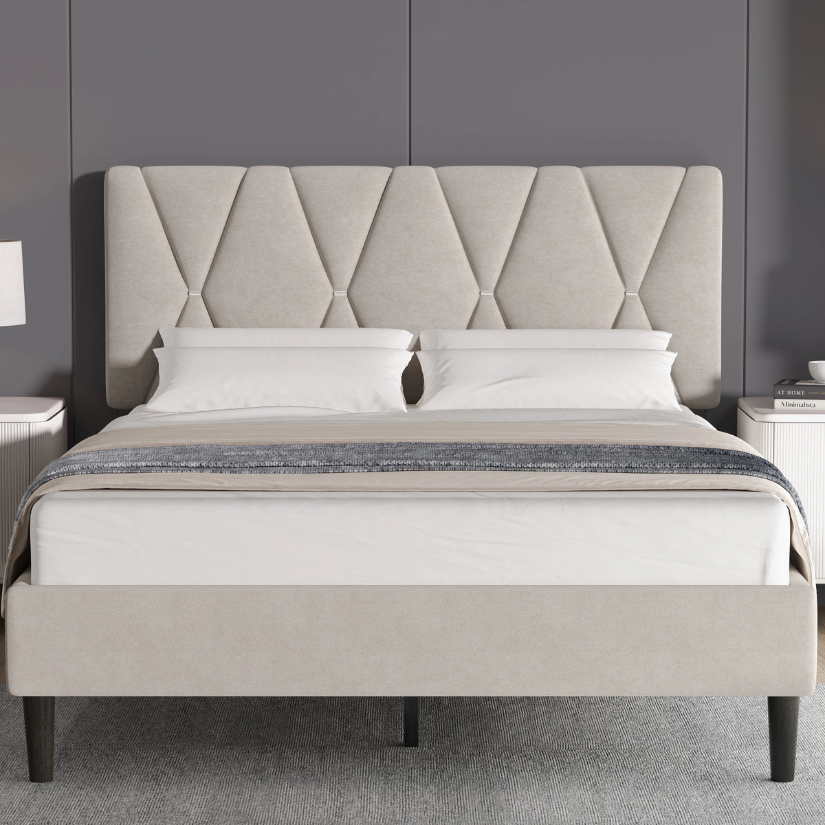 [Double | Beige] Front view of velvet bed with diamond-tufted headboard and metal buttons against grey wall