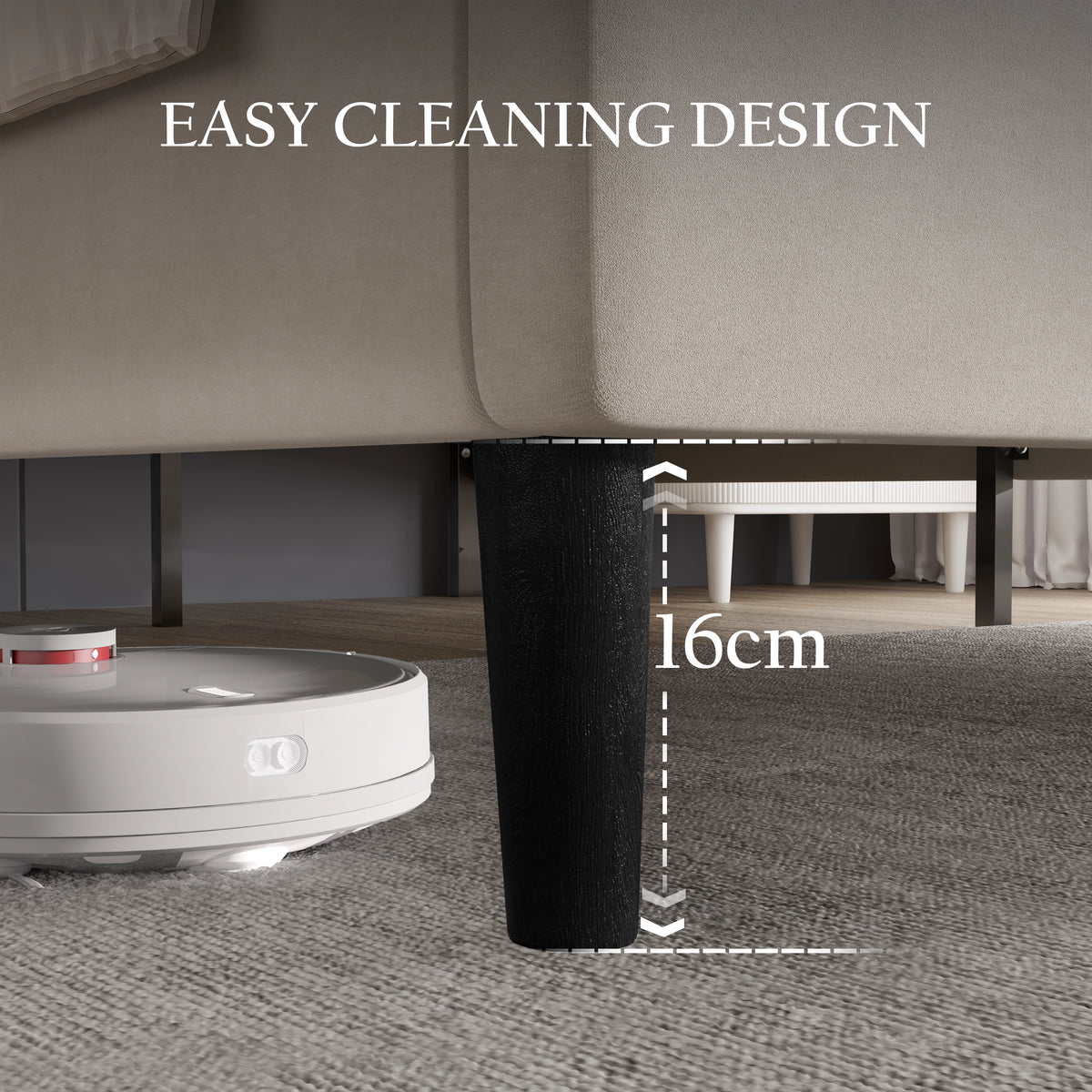 [Double | Beige] Under-bed clearance view showing sixteen centimetre gap beneath velvet frame for easy cleaning