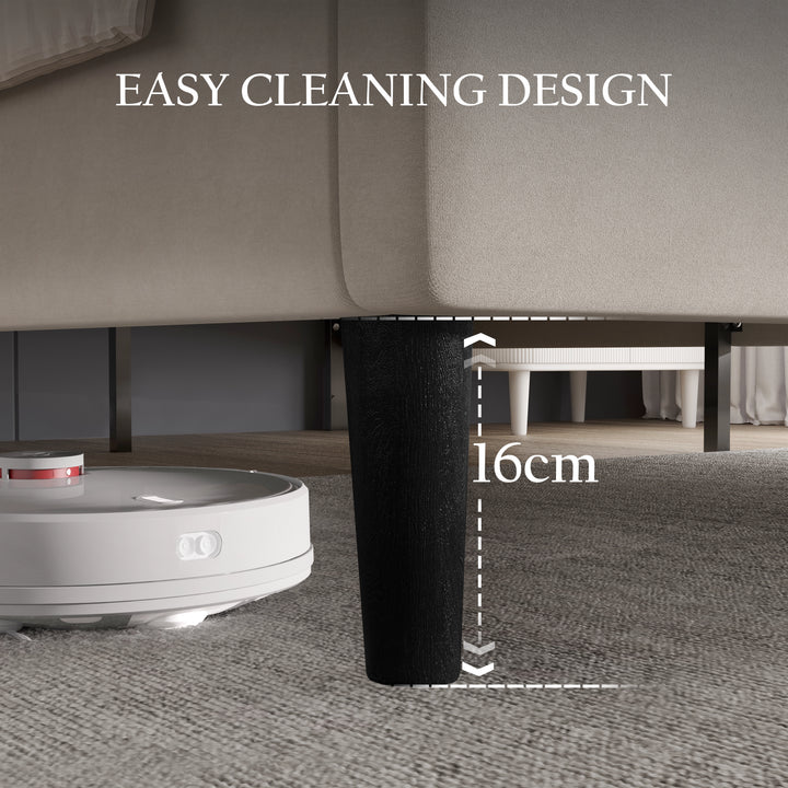 [Double | Beige] Under-bed clearance view showing sixteen centimetre gap beneath velvet frame for easy cleaning
