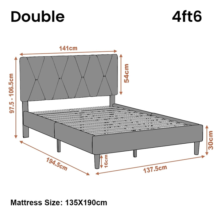 [Double | Dark Grey] Dimensions diagram showing 141cm headboard width and 194.5cm length with adjustable height