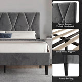 [Double | Dark Grey] Detail collage showing metal button tufted headboard and sturdy tapered bed leg and slat support