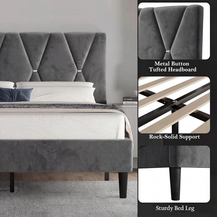 [Double | Dark Grey] Detail collage showing metal button tufted headboard and sturdy tapered bed leg and slat support