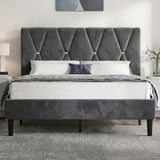 [Double | Dark Grey] Double velvet bed front view, diamond-stitched headboard panels, white duvet, black tapered legs