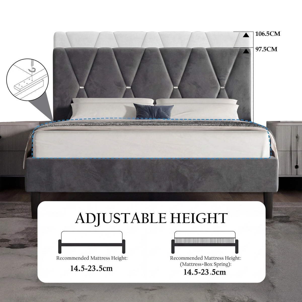 [Double | Dark Grey] Headboard detail showing deep channel stitching forming geometric diamond shapes in velvet