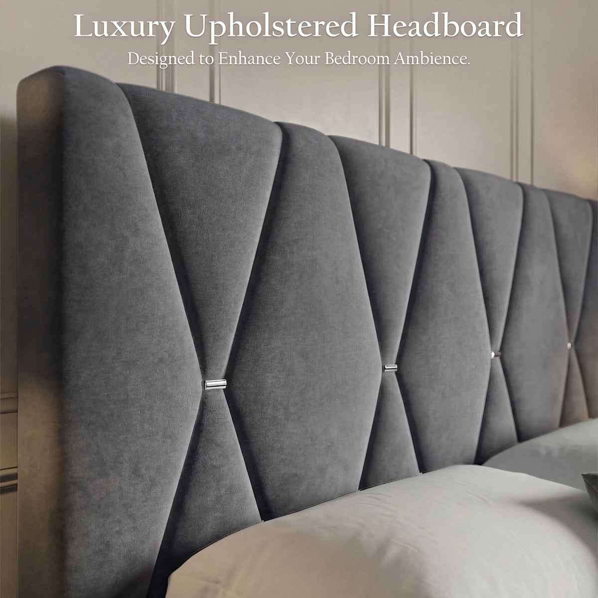 [Double | Dark Grey] Overhead angled view of velvet bed with diamond headboard in classic white panelled room