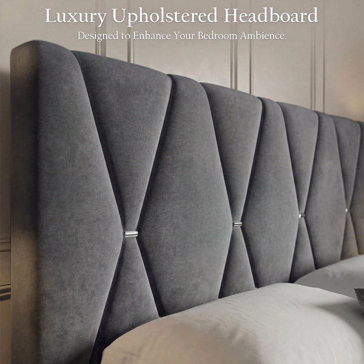 [Double | Dark Grey] Overhead angled view of velvet bed with diamond headboard in classic white panelled room