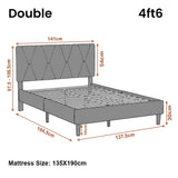 [Double | Grey] Dimensions diagram showing 141cm headboard width and 194.5cm length with adjustable height