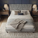 [Double | Grey] Velvet bed frame with X-pattern headboard on vintage rug with sheer curtains and natural light