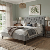 [Double | Grey] Velvet bed frame with X-pattern headboard on jute rug with wooden blinds and garden view