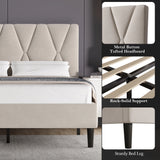 [King | Beige] Detail collage showing metal button tufted headboard and sturdy tapered bed leg and slat support