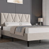 [King | Beige] Upholstered bed showing X-pattern headboard with white bedding and textured throw