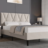 [King | Beige] Upholstered bed showing X-pattern headboard with white bedding and textured throw