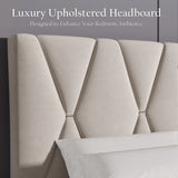 [King | Beige] Close-up of diamond-tufted headboard showing geometric X-pattern with metal button details