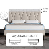 [King | Beige] Bed frame with mattress showing overall proportions and adjustable headboard height range