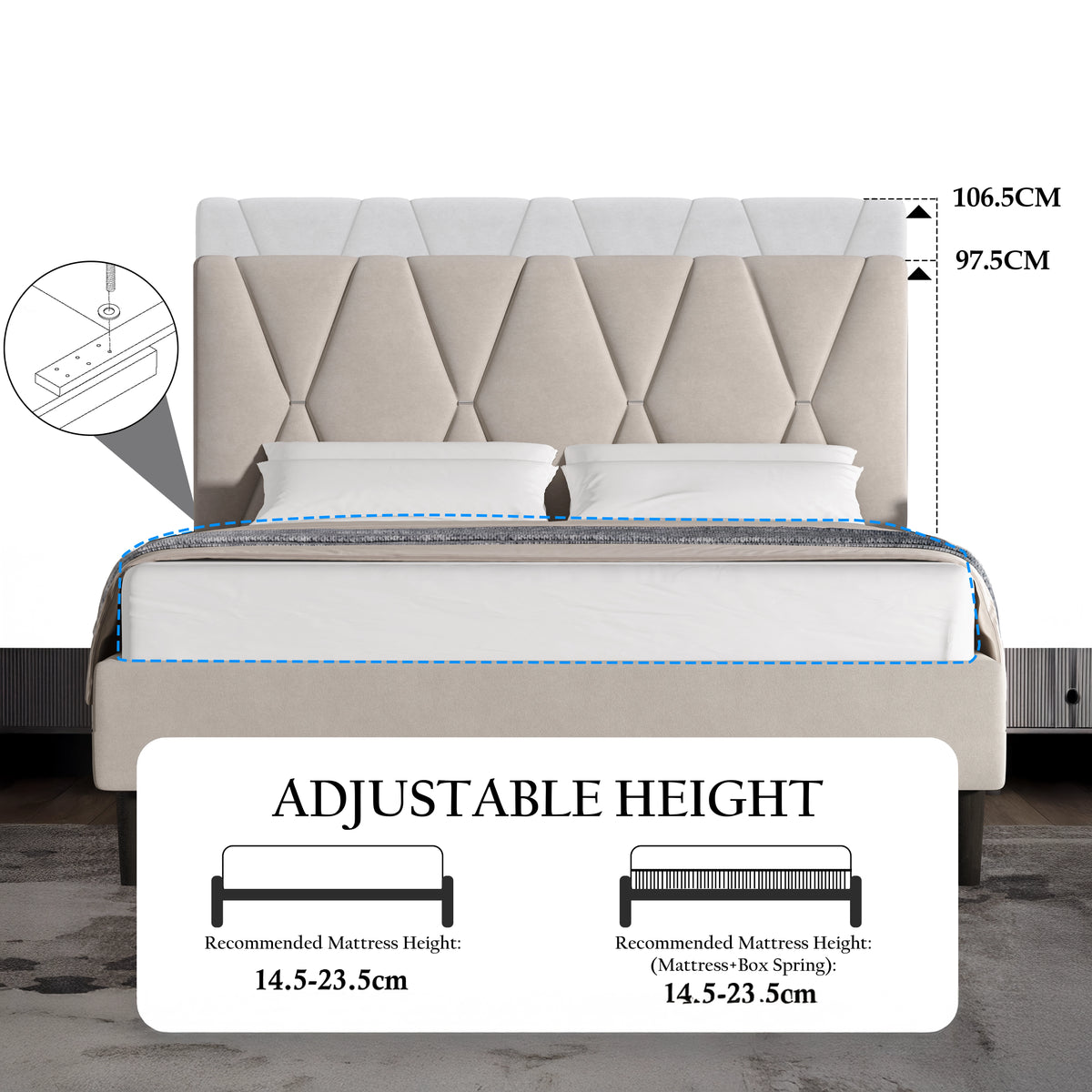 [King | Beige] Bed frame with mattress showing overall proportions and adjustable headboard height range
