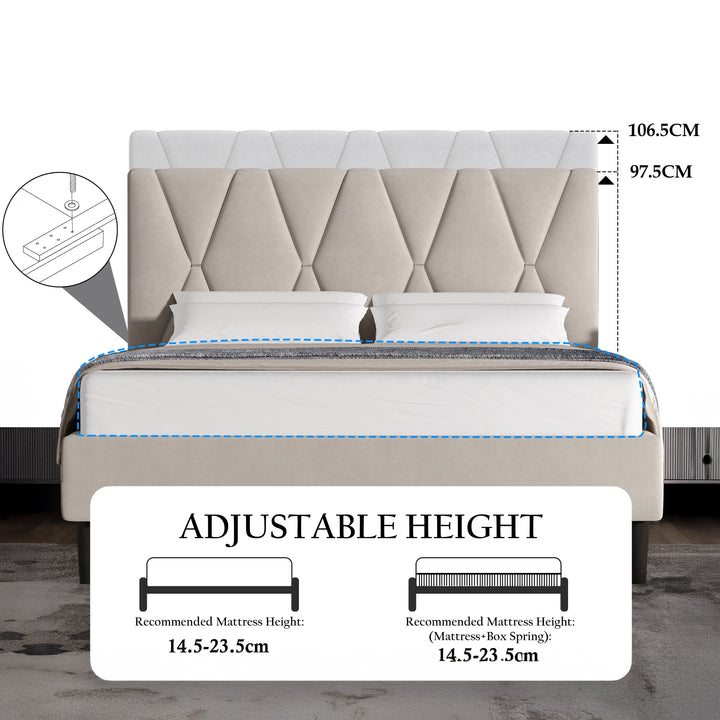 [King | Beige] Bed frame with mattress showing overall proportions and adjustable headboard height range
