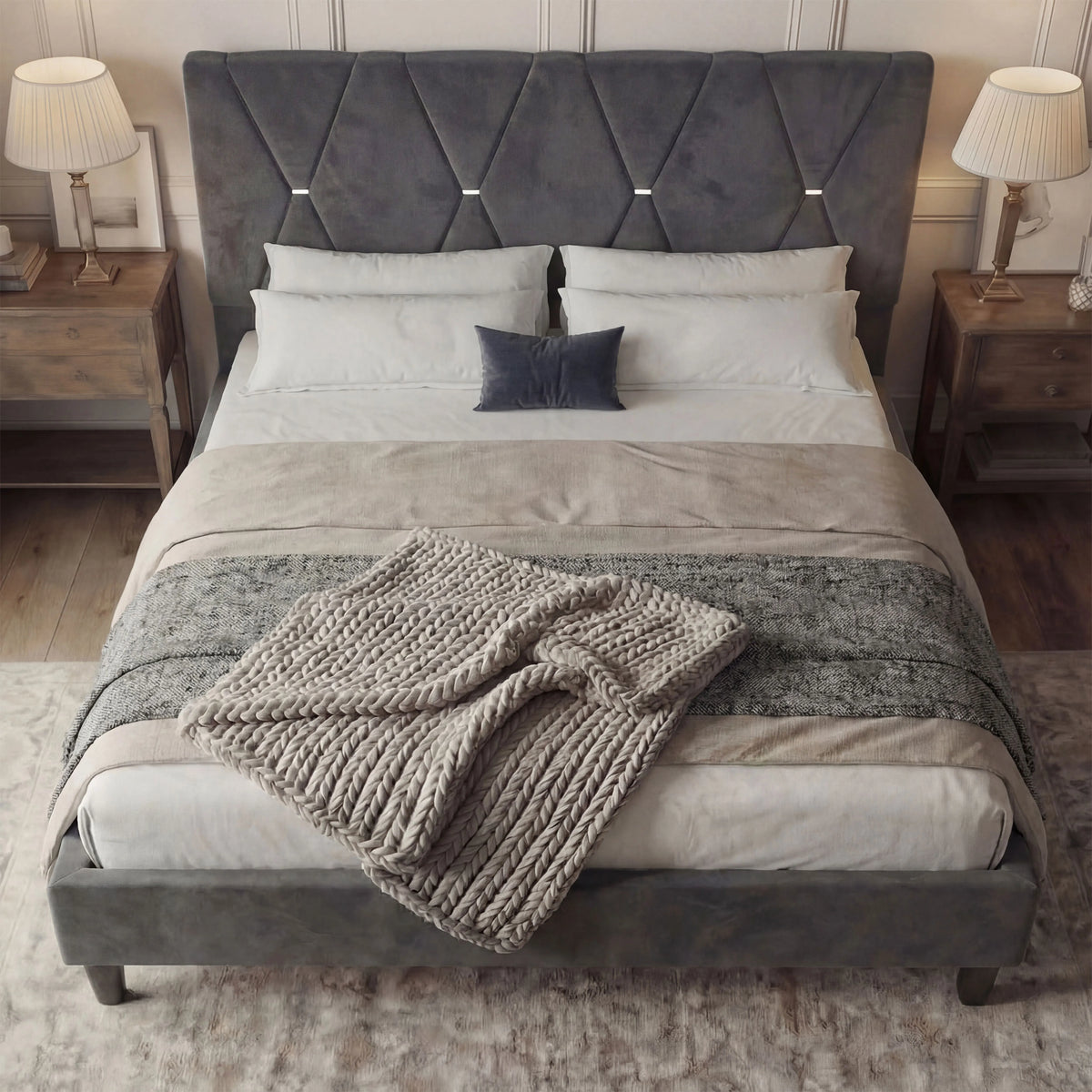 [King | Dark Grey] Velvet bed frame with X-pattern headboard on jute rug with wooden blinds and garden view