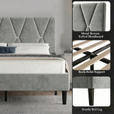 [King | Grey] Detail collage showing metal button tufted headboard and sturdy tapered bed leg and slat support