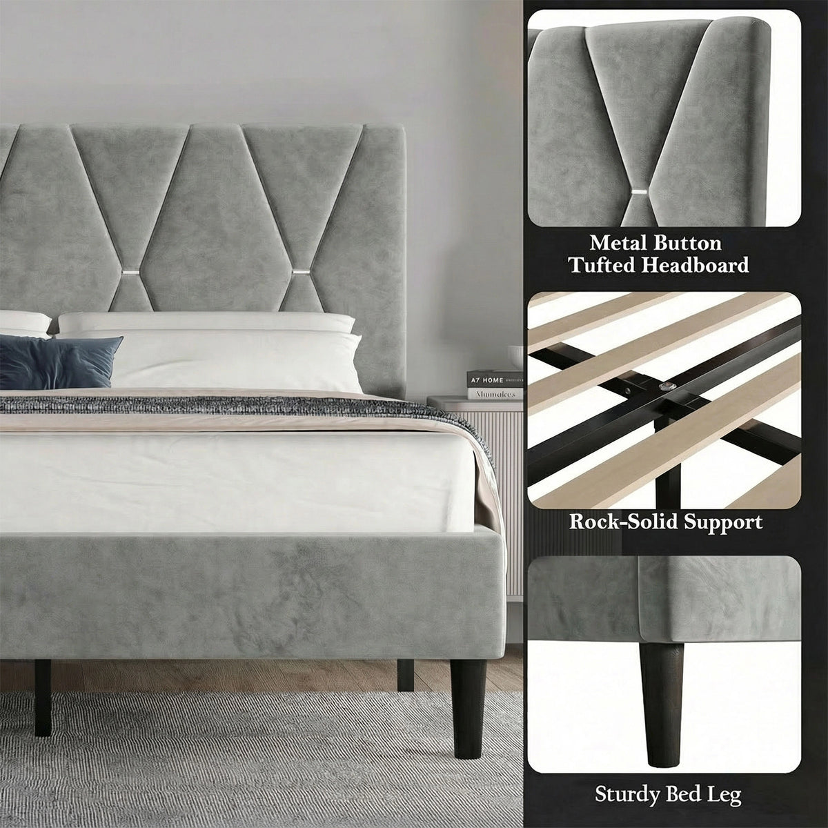 [King | Grey] Detail collage showing metal button tufted headboard and sturdy tapered bed leg and slat support
