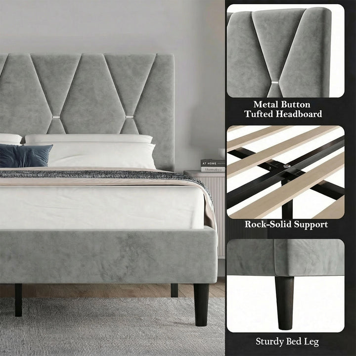 [King | Grey] Detail collage showing metal button tufted headboard and sturdy tapered bed leg and slat support