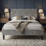 [King | Grey] Velvet bed from the front with geometric headboard in country-style room with wainscoting
