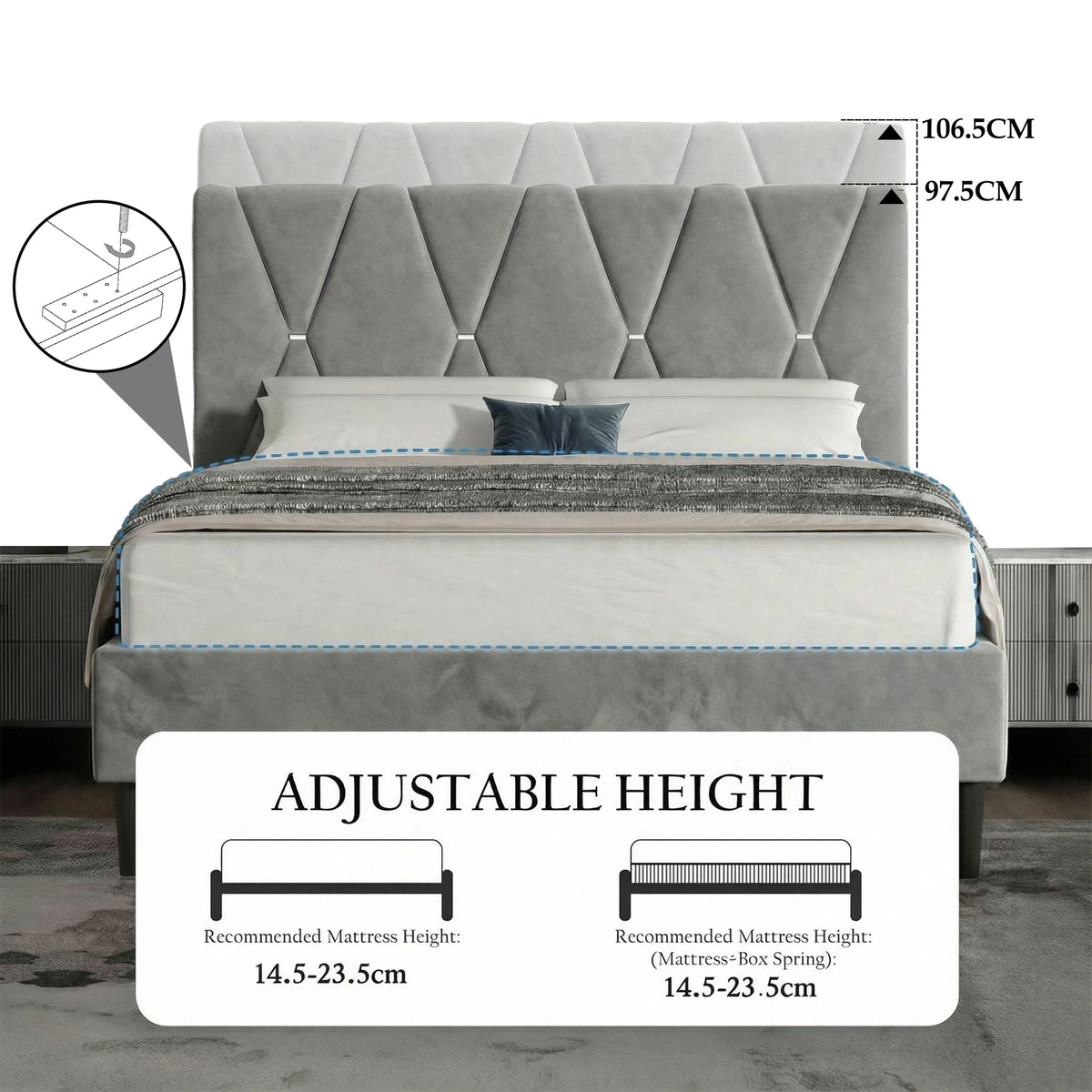 [King | Grey] Headboard detail showing deep channel stitching forming geometric diamond shapes in velvet