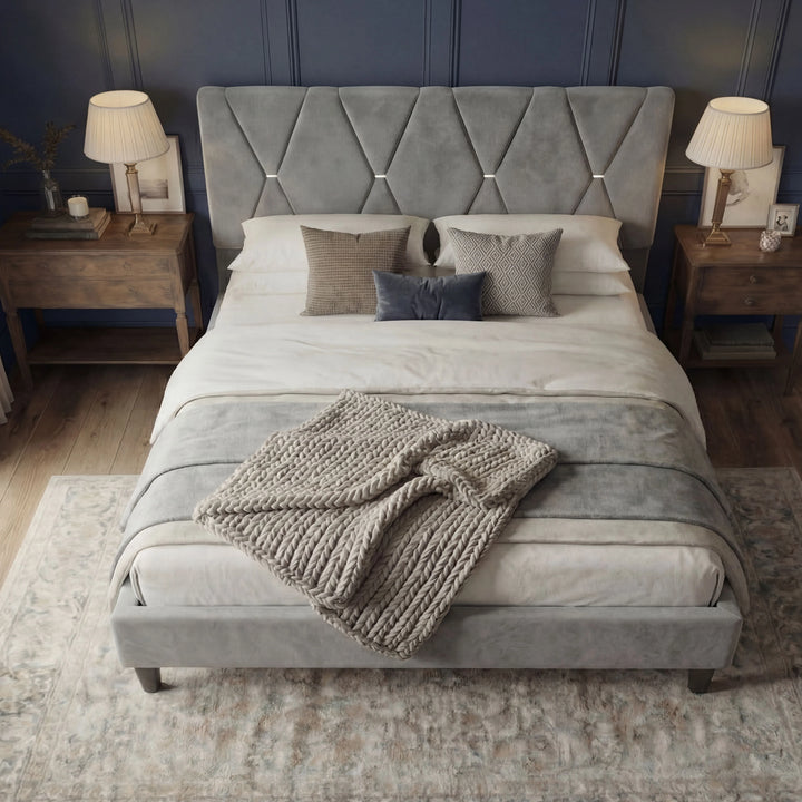 [King | Grey] Velvet bed frame with X-pattern headboard on vintage rug with sheer curtains and natural light