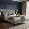 [King | Grey] Velvet bed frame with X-pattern headboard on jute rug with wooden blinds and garden view