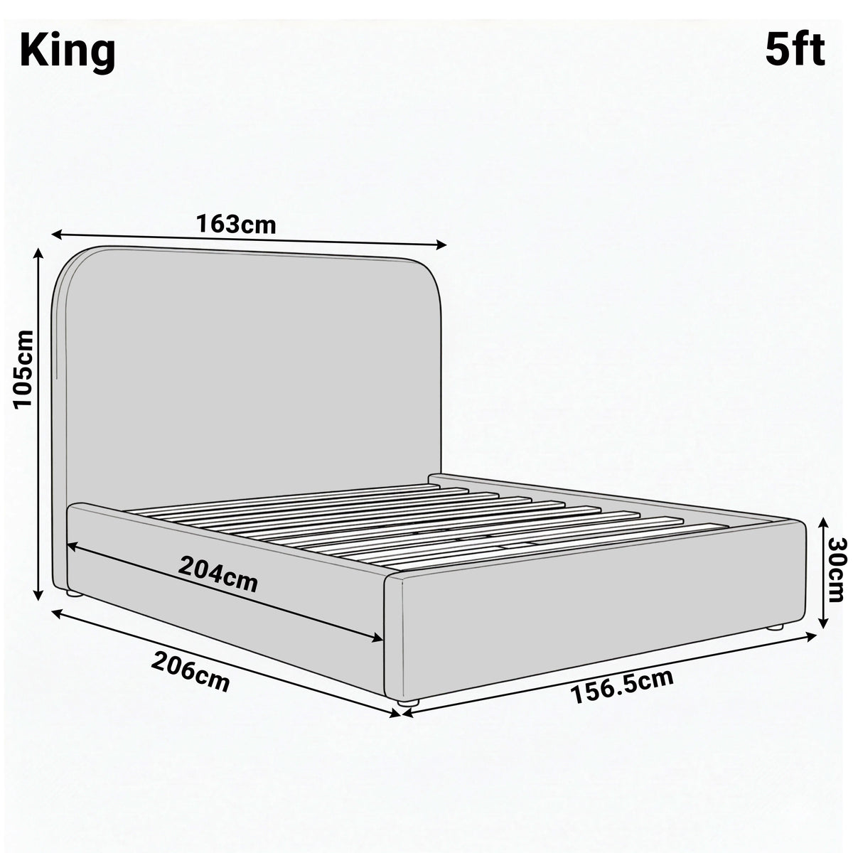 [Light Grey | King] Pluva king 5ft ottoman bed dimensions: 163cm width, 206cm length, 105cm headboard height diagram
