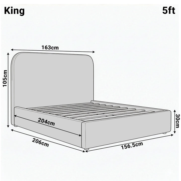 [Light Grey | King] Pluva king 5ft ottoman bed dimensions: 163cm width, 206cm length, 105cm headboard height diagram