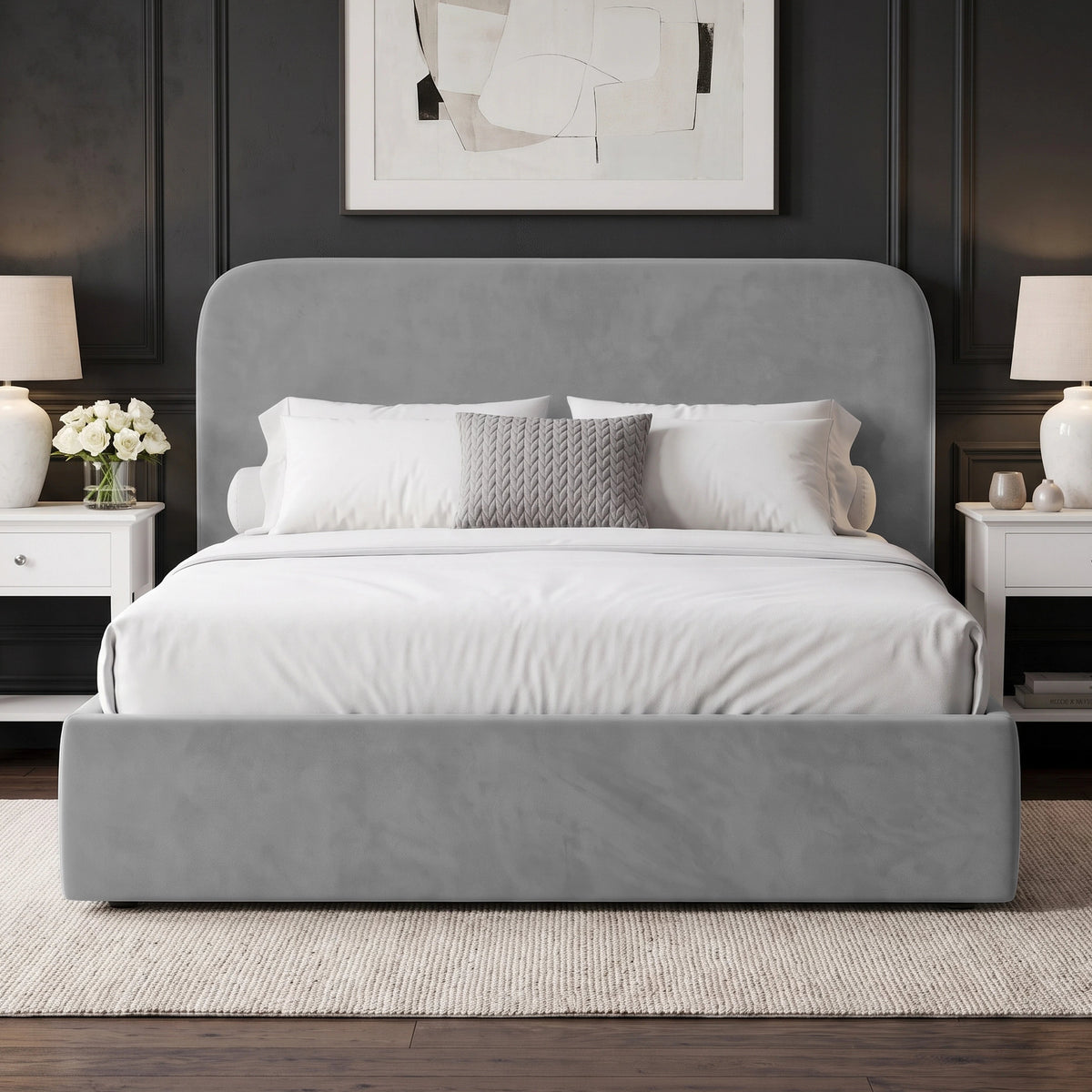 [Light Grey | King] upholstered bed frame with a tall rounded headboard and matching footboard, shown dressed in white bedding