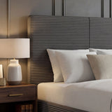 [Double | Grey] Velvet ottoman bed double head end in dark grey, angled view showing ribbed footboard and bedding