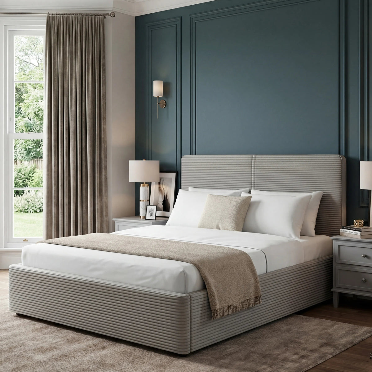 [King | Light Grey] King velvet ottoman bed in light grey with ribbed footboard and panelled headboard by a window