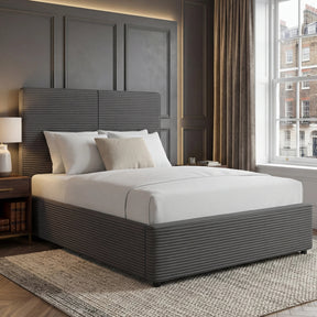 [Single | Grey] Dark grey velvet ottoman bed single size with ribbed headboard and footboard in a panelled bedroom
