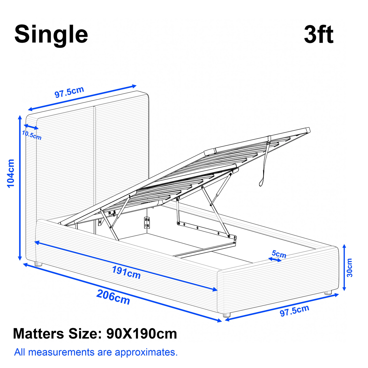 [Single | Light Grey] Single velvet ottoman bed diagram: 206 x 97.5 cm frame, headboard 104 cm, lifted base on gas struts