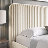 [Beige | Double] Close-up of padded vertical channel headboard in plush velvet fabric